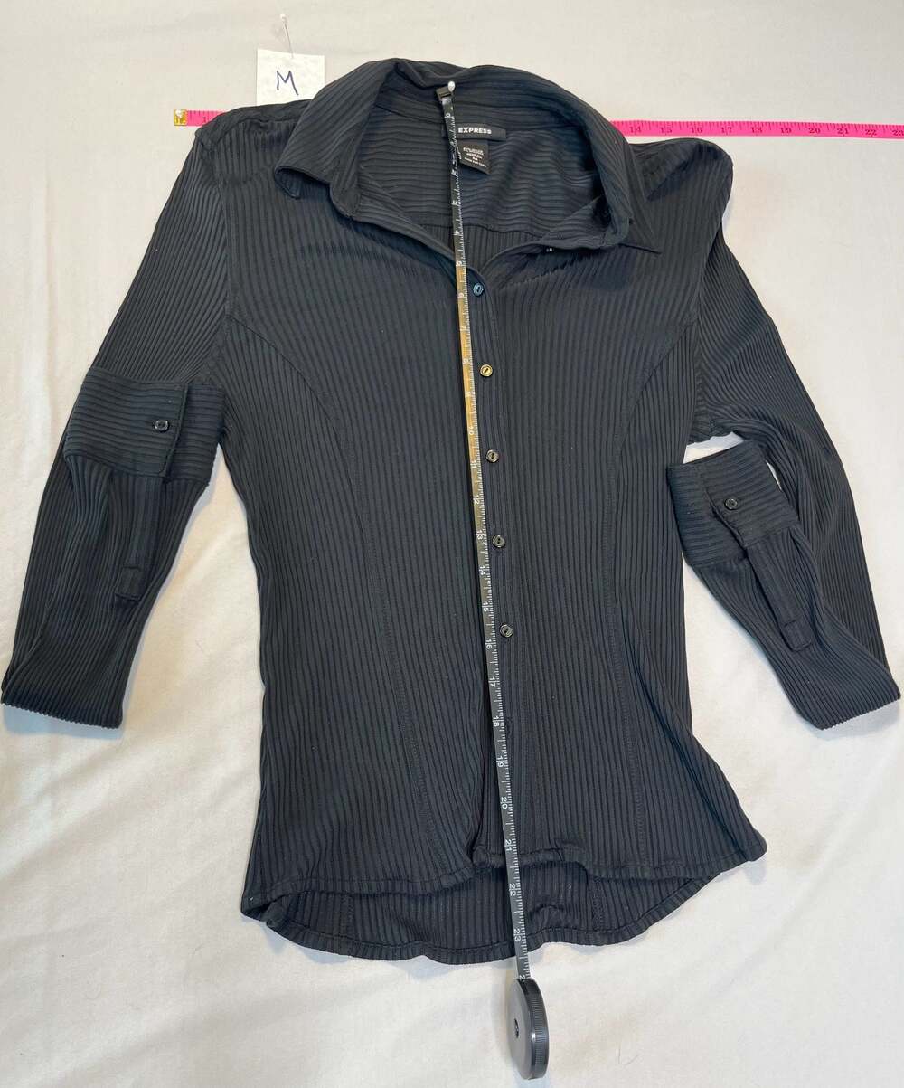 Black Ribbed Button-Down Collared Long Sleeve Shirt – Classic Minimalist Top